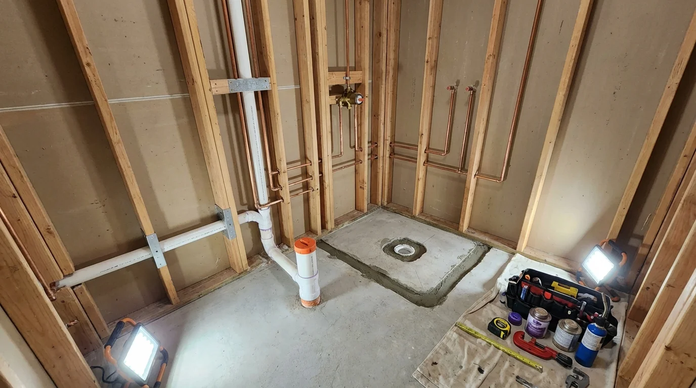 Bathroom rough-in plumbing during remodel by Johns Plumbing LLC in Garwood