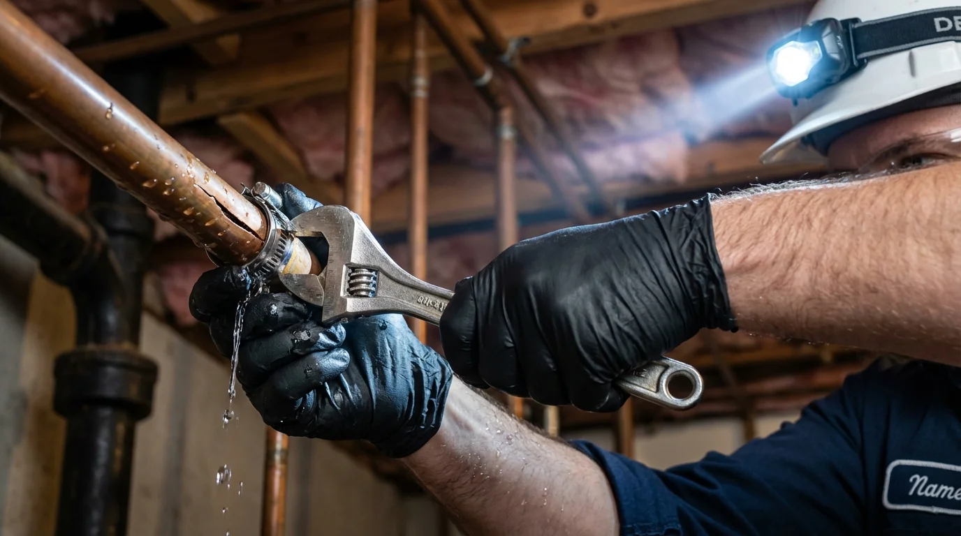 Emergency pipe clamp repair being performed by a Johns Plumbing LLC plumber in Garwood