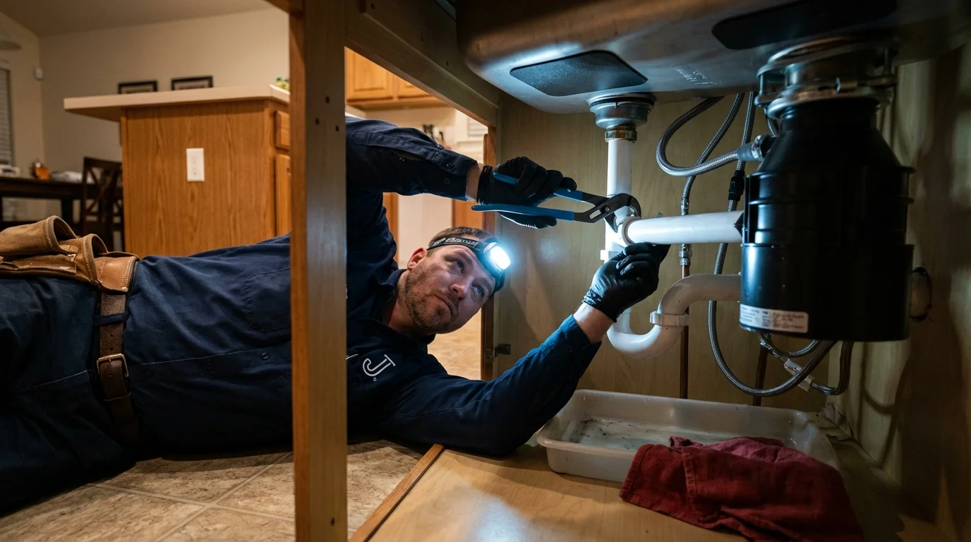 P-trap and supply line connections under a kitchen sink showing a common leak point in Garwood, NJ